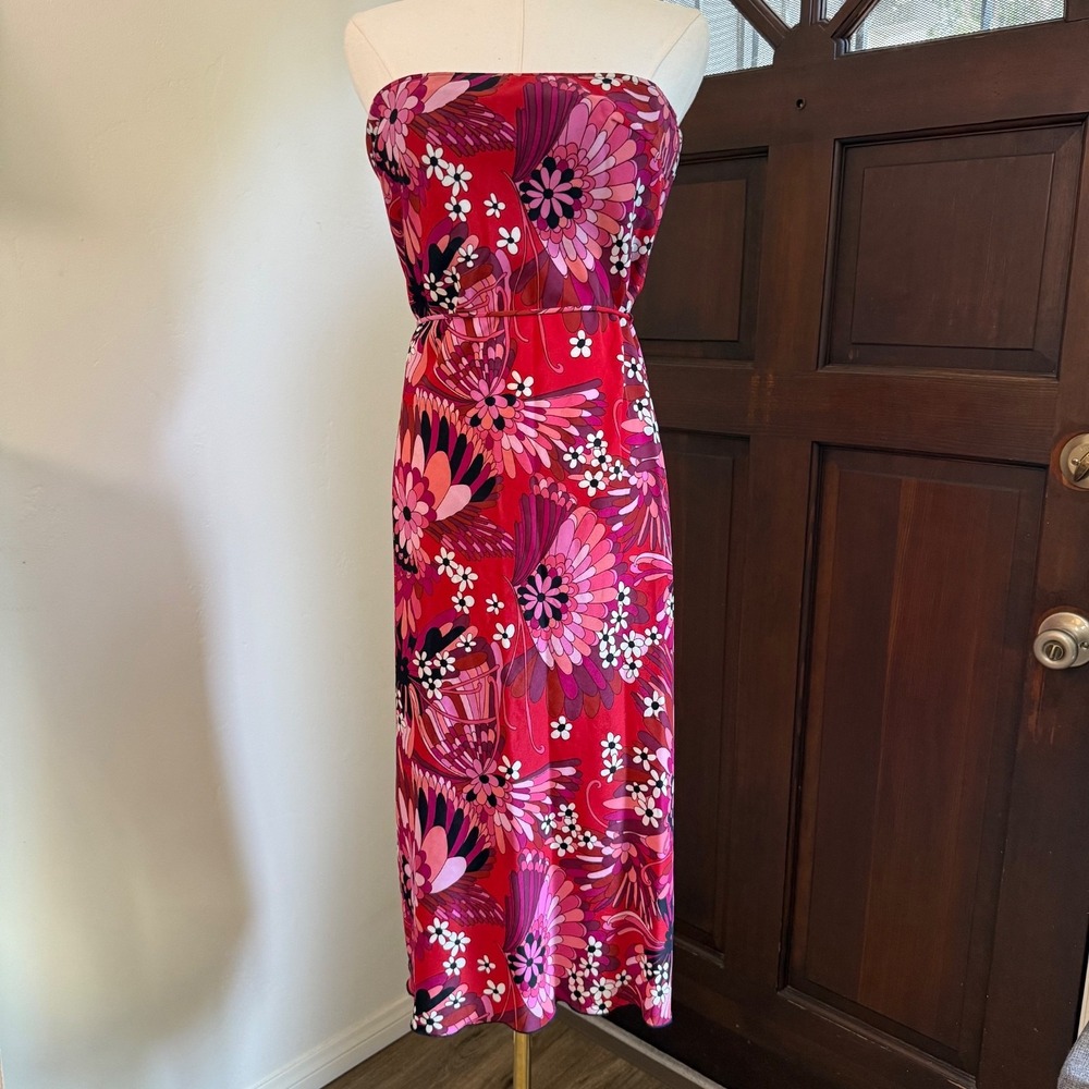 Y2K Floral Dress Rhapsody Tie Back Strapless | Pink Red| Size Large *Runs Small*
